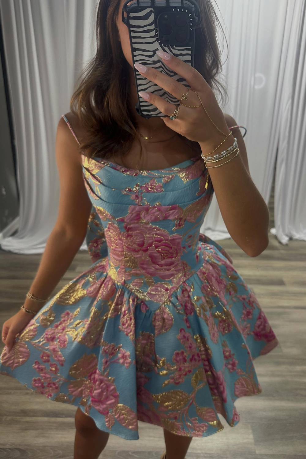 Blue Flower A-Line Short Homecoming Dress Floral Spaghetti Straps Sleeveless Cocktail Dress
