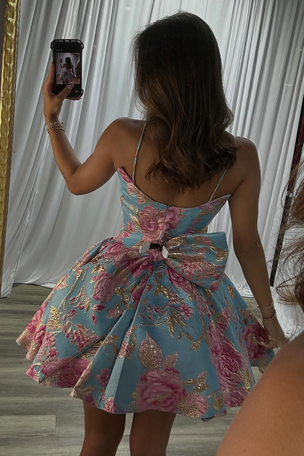 Blue Floral A Line Spaghetti Straps Short Homecoming Dress