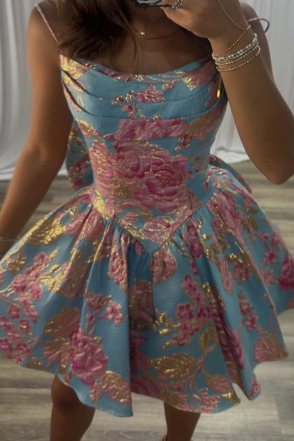 Blue Floral A Line Spaghetti Straps Short Homecoming Dress