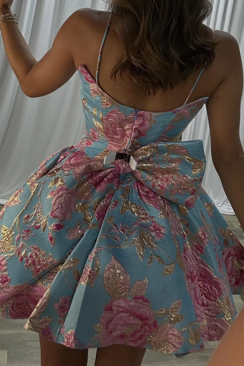 Blue Floral A Line Spaghetti Straps Short Homecoming Dress