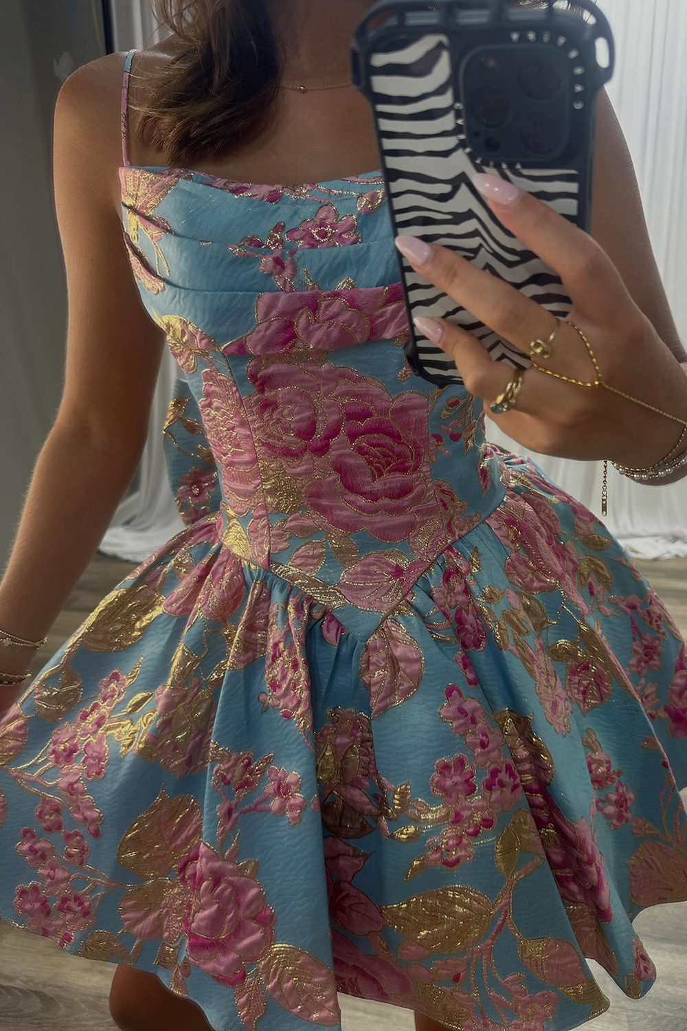 Blue Floral A Line Spaghetti Straps Short Homecoming Dress
