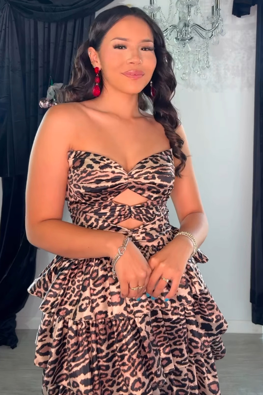 Brown Leopard Ruffled Keyhole Short Homecoming Dress A-Line Strapless Sleeveless Tiered Printed Cocktail Dress