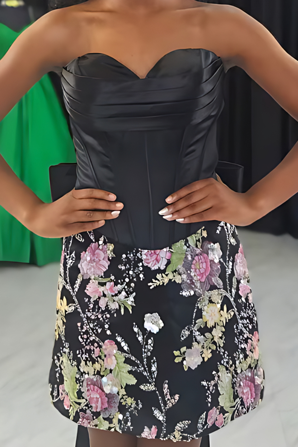 Black Corset Sweetheart Printed Short Homecoming Dress