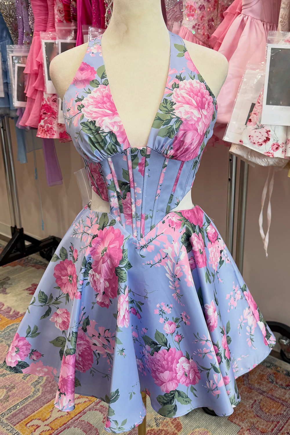 Blue Flower Corset Halter Short Homecoming Dress A-Line Sleeveless Cut Out Printed Floral Cocktail Dress