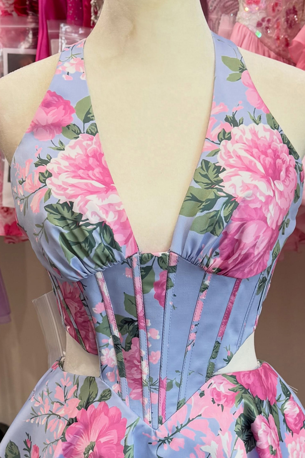 Blue Floral Corset Halter Printed Cut Out Short Homecoming Dress