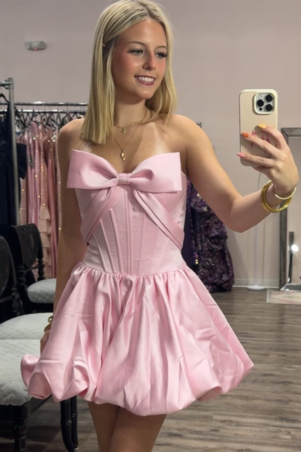 Pink Corset Satin Short Homecoming Dress A-Line Strapless Sleeveless Cocktail Dress with Bow