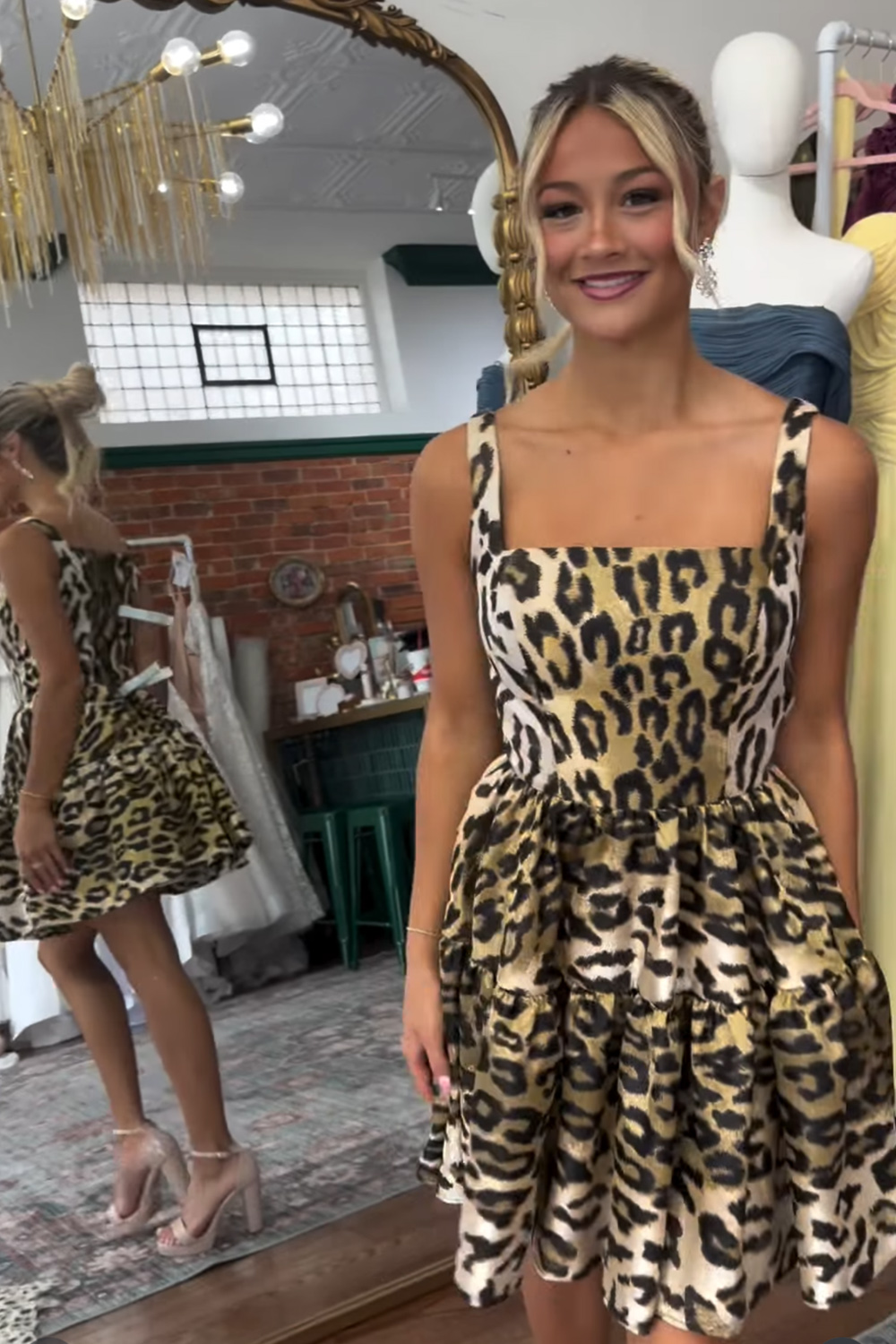 Gold Leopard Square Neck A Line Short Homecoming Dress