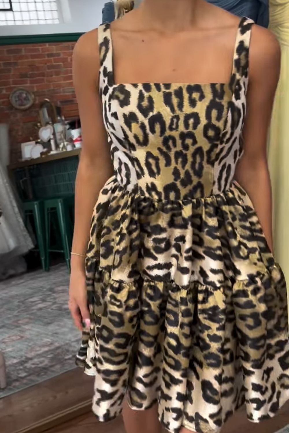 Gold Leopard Square Neck A Line Short Homecoming Dress
