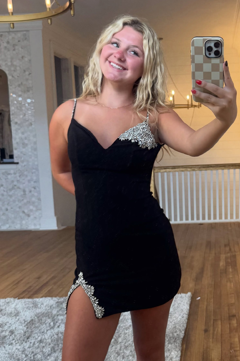 Black Bodycon V-Neck Short Homecoming Dress Satin Beaded Spaghetti Straps Cocktail Dress with Slit