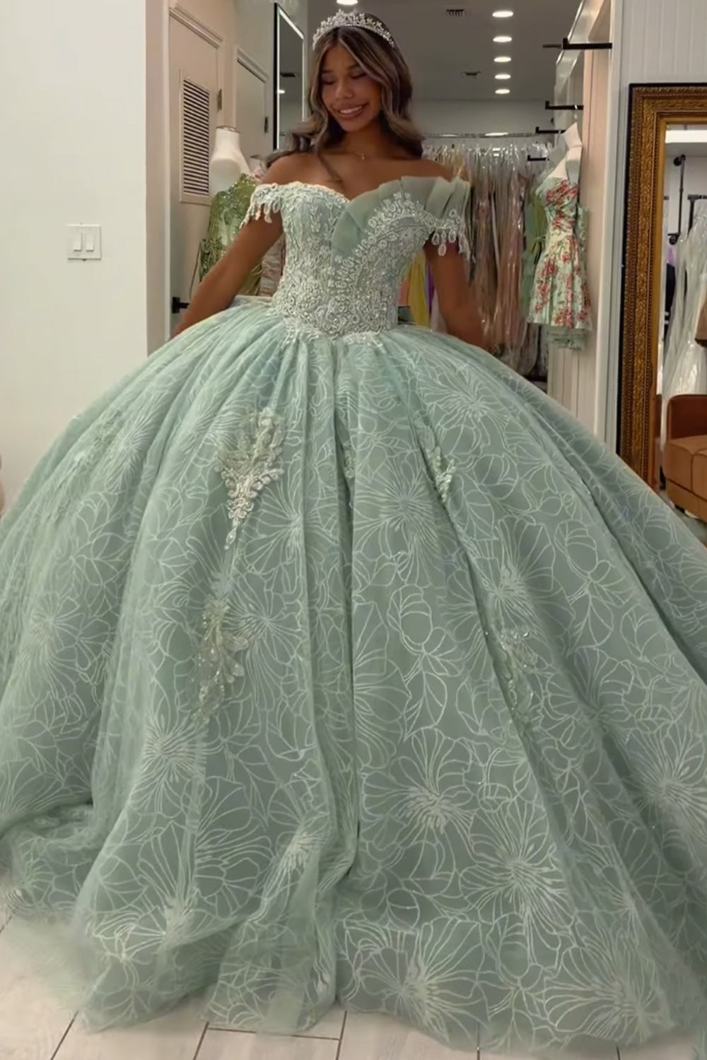 Mint AppliqueDBall Gown Off the Shoulder Long Quinceanera Dress with 