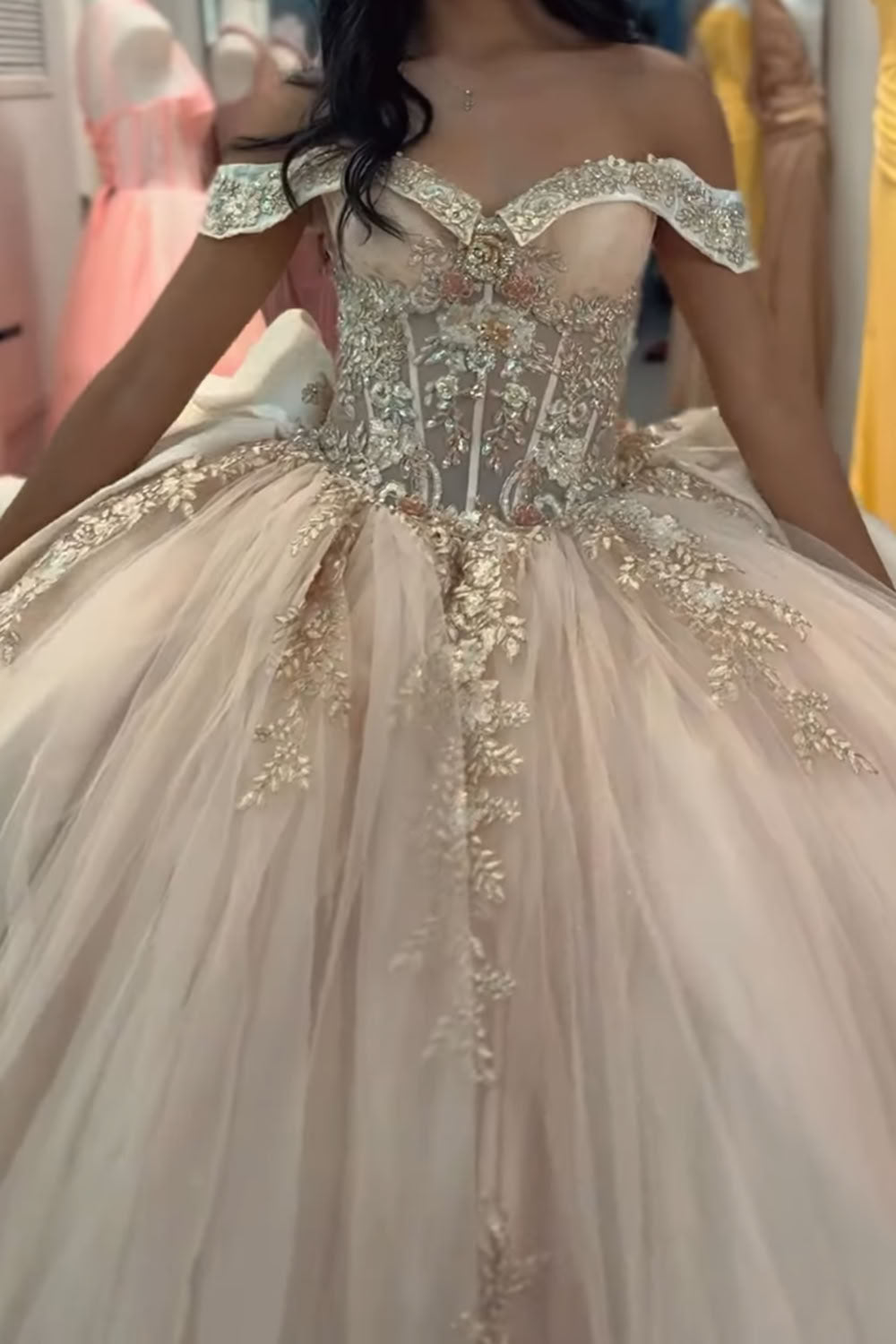 Corset Off the Shoulder Champagne Beaded Ball Gown Long Quinceanera Dress