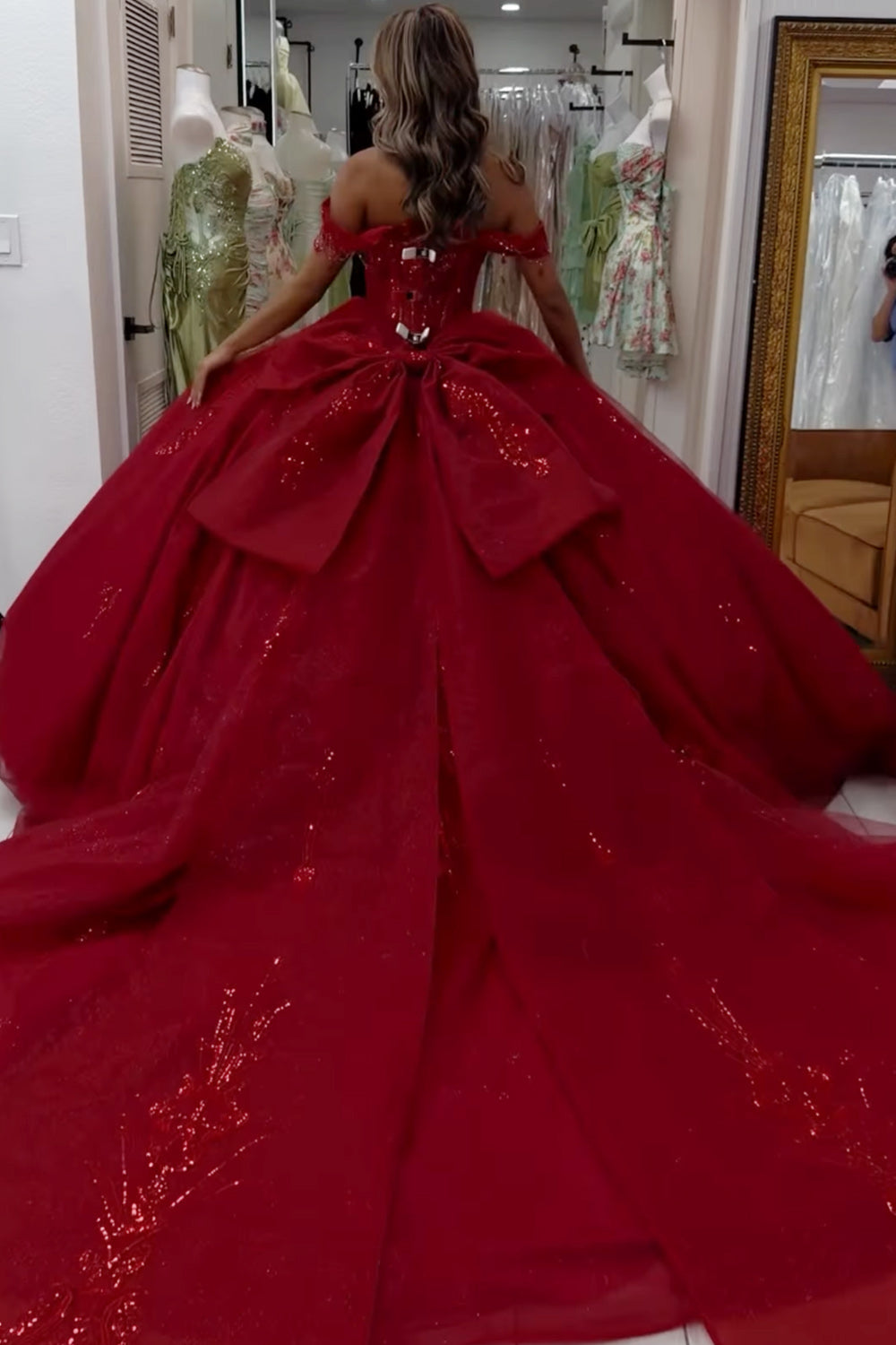 Beaded Red Off the Shoulder Ball Gown Long Quinceanera Dress with Appliques