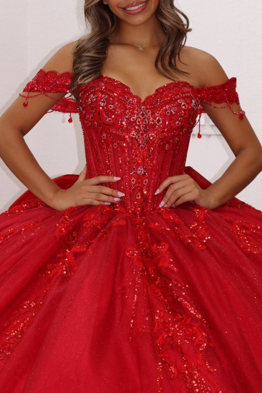 Beaded Red Off the Shoulder Ball Gown Long Quinceanera Dress with Appliques
