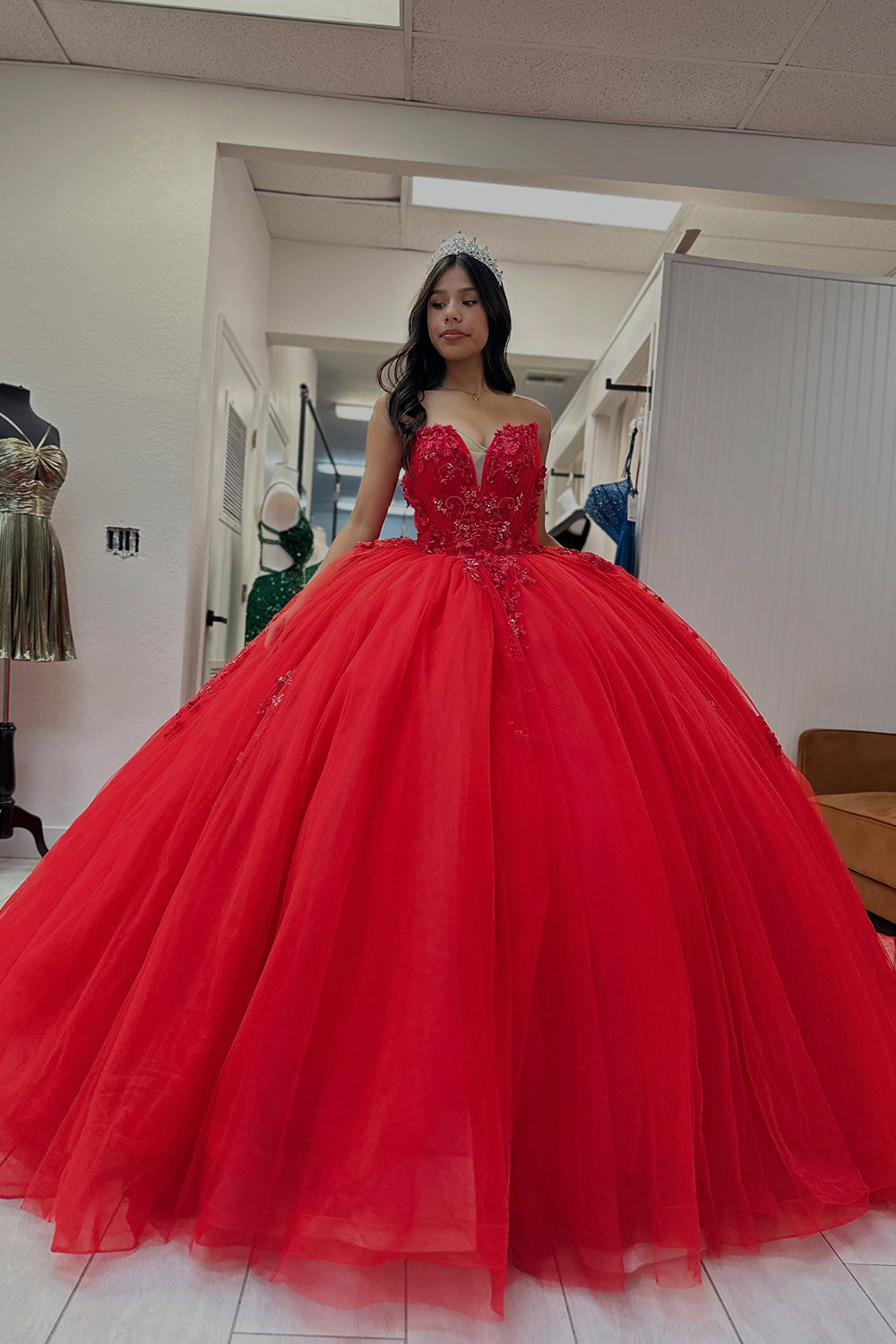 Sweetheart Appliqued Red Ball Gown Long Quinceanera Dress