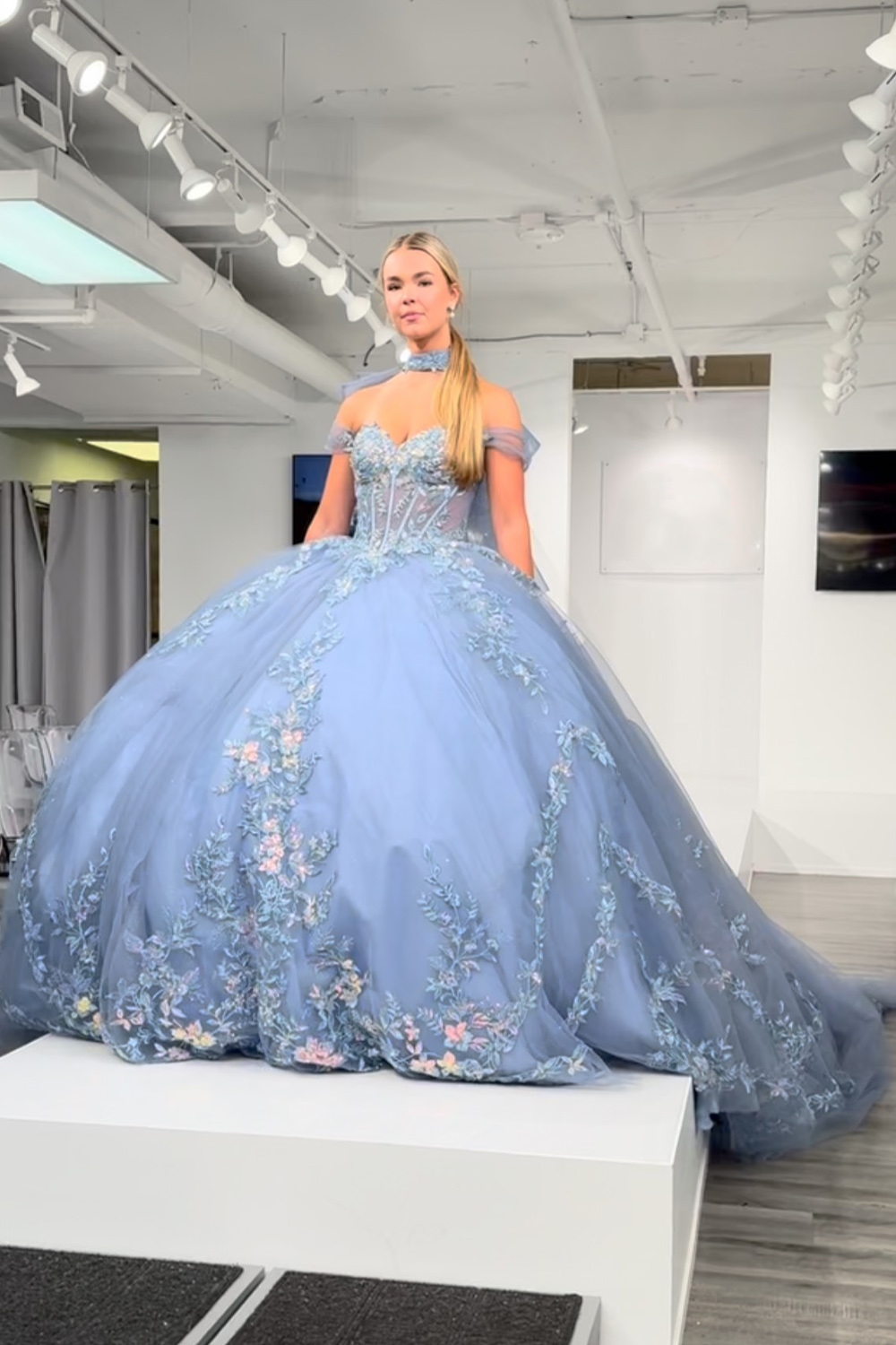 Grey Blue Ball Gown Sweetheart Corset Floral Long Quinceanera Dress