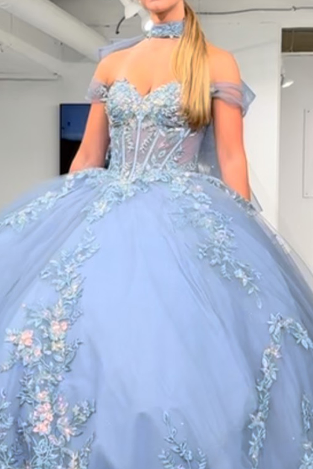 Grey Blue Ball Gown Sweetheart Corset Floral Long Quinceanera Dress