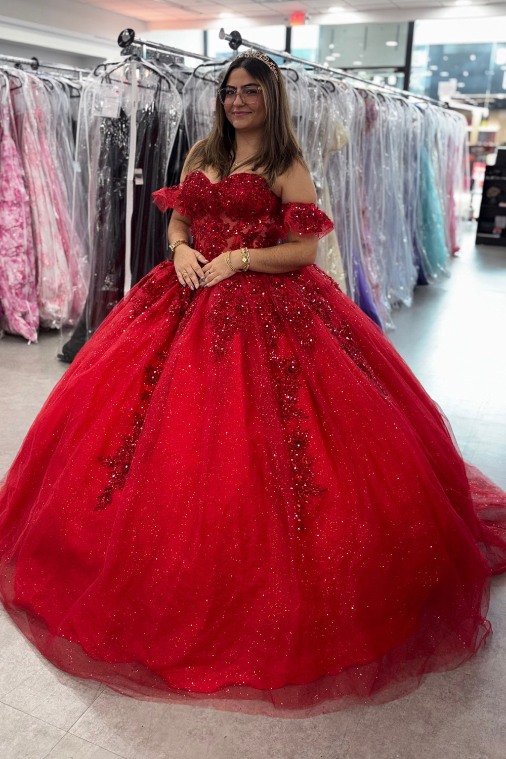 Sparkly Glitter Red Floral Corset Off the Shoulder Long Quinceanera Dress