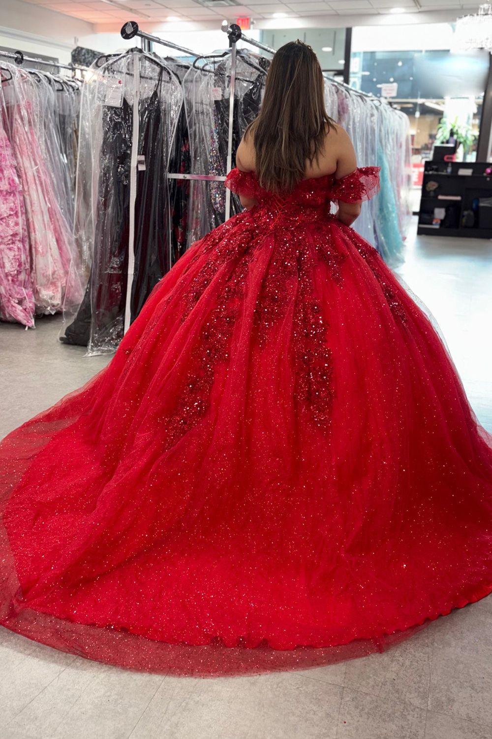 Sparkly Glitter Red Floral Corset Off the Shoulder Long Quinceanera Dress