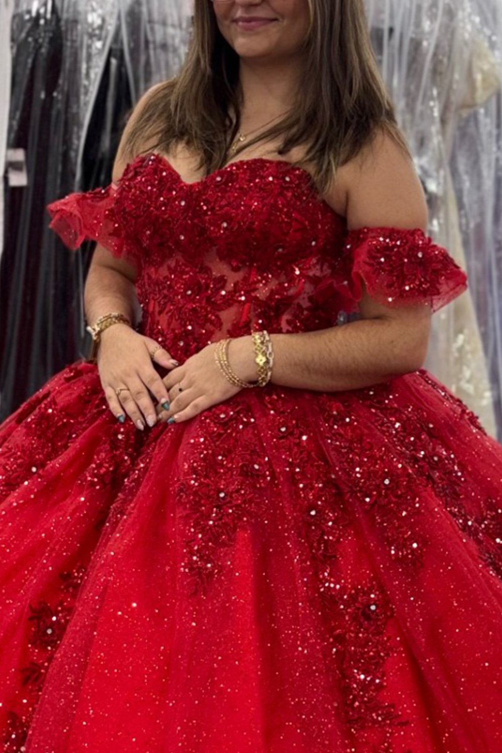 Sparkly Glitter Red Floral Corset Off the Shoulder Long Quinceanera Dress