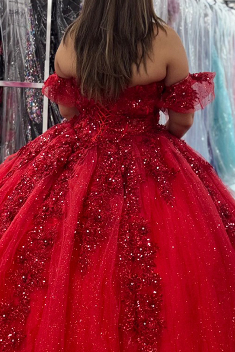 Sparkly Glitter Red Floral Corset Off the Shoulder Long Quinceanera Dress