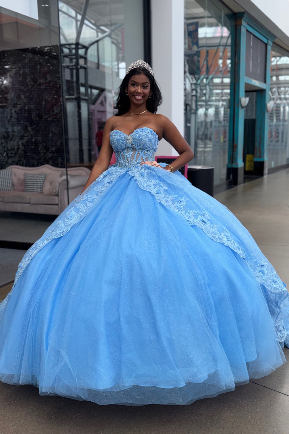 Blue Sparkly Glitter Corset Sweetheart Floral Long Quinceanera Dress