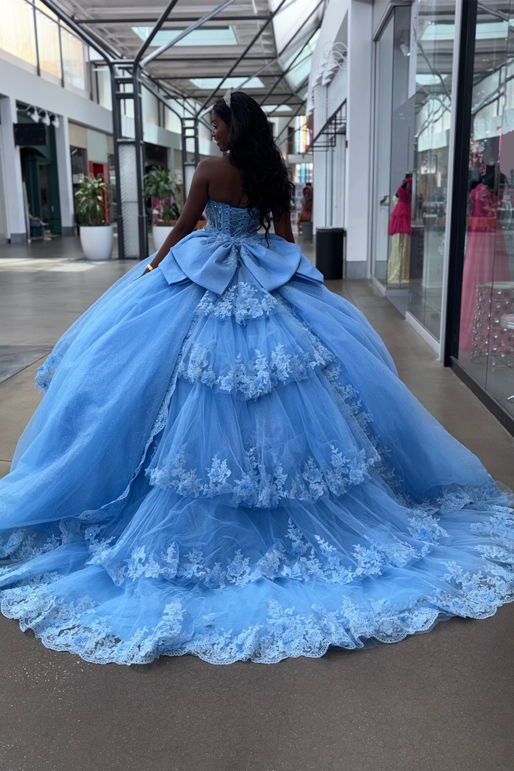 Blue Sparkly Glitter Corset Sweetheart Floral Long Quinceanera Dress