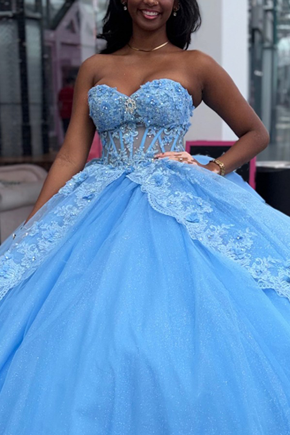 Blue Sparkly Glitter Corset Sweetheart Floral Long Quinceanera Dress