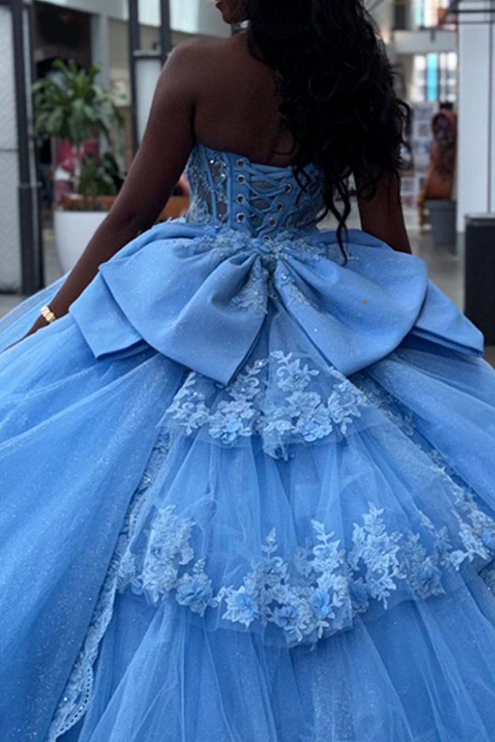 Blue Sparkly Glitter Corset Sweetheart Floral Long Quinceanera Dress