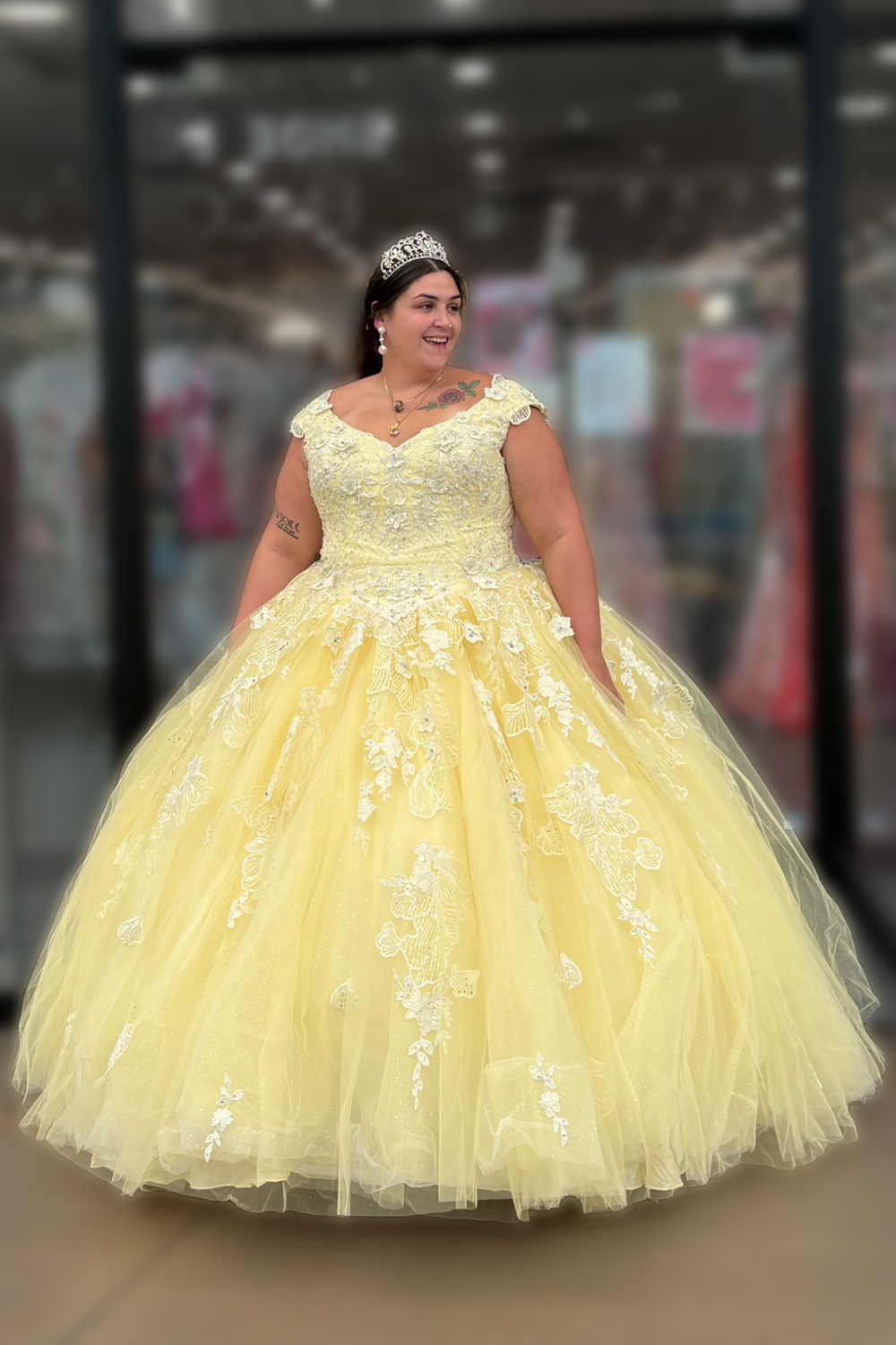 Yellow Ball Gown Floral Tulle Appliqued Long Quinceanera Dress