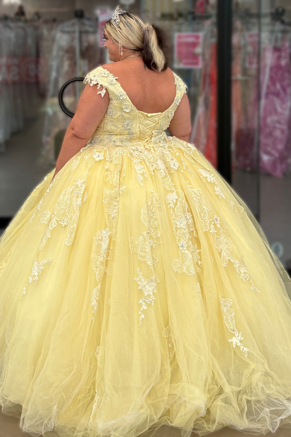 Yellow Ball Gown Floral Tulle Appliqued Long Quinceanera Dress