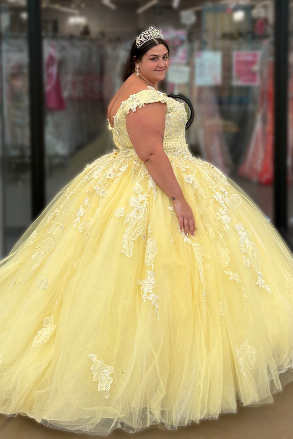 Yellow Ball Gown Floral Tulle Appliqued Long Quinceanera Dress