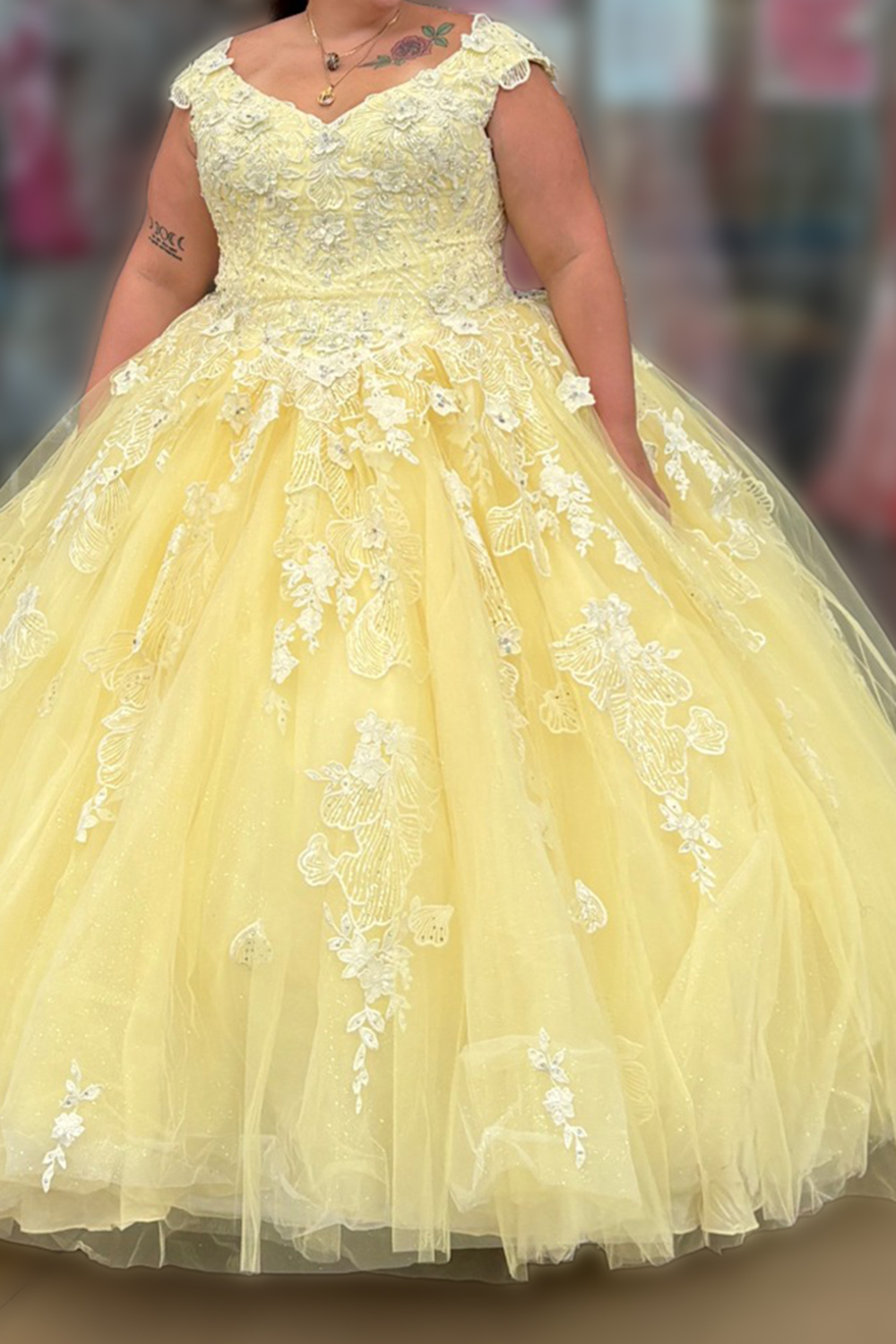 Yellow Ball Gown Floral Tulle Appliqued Long Quinceanera Dress