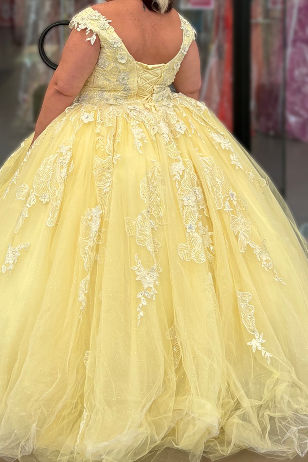 Yellow Ball Gown Floral Tulle Appliqued Long Quinceanera Dress