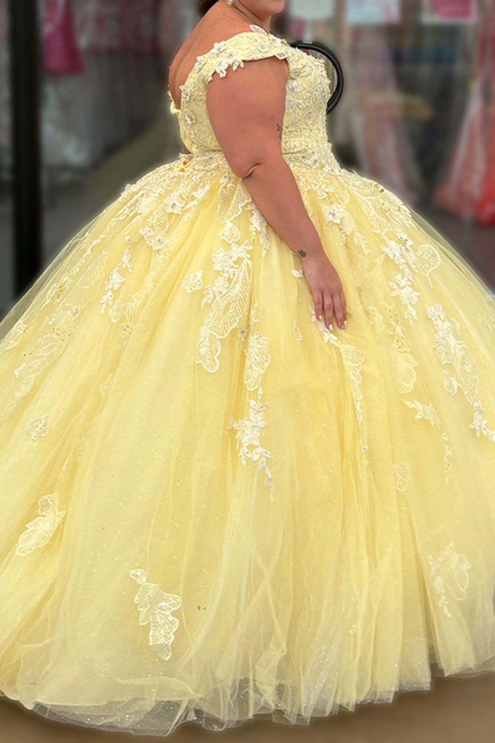 Yellow Ball Gown Floral Tulle Appliqued Long Quinceanera Dress