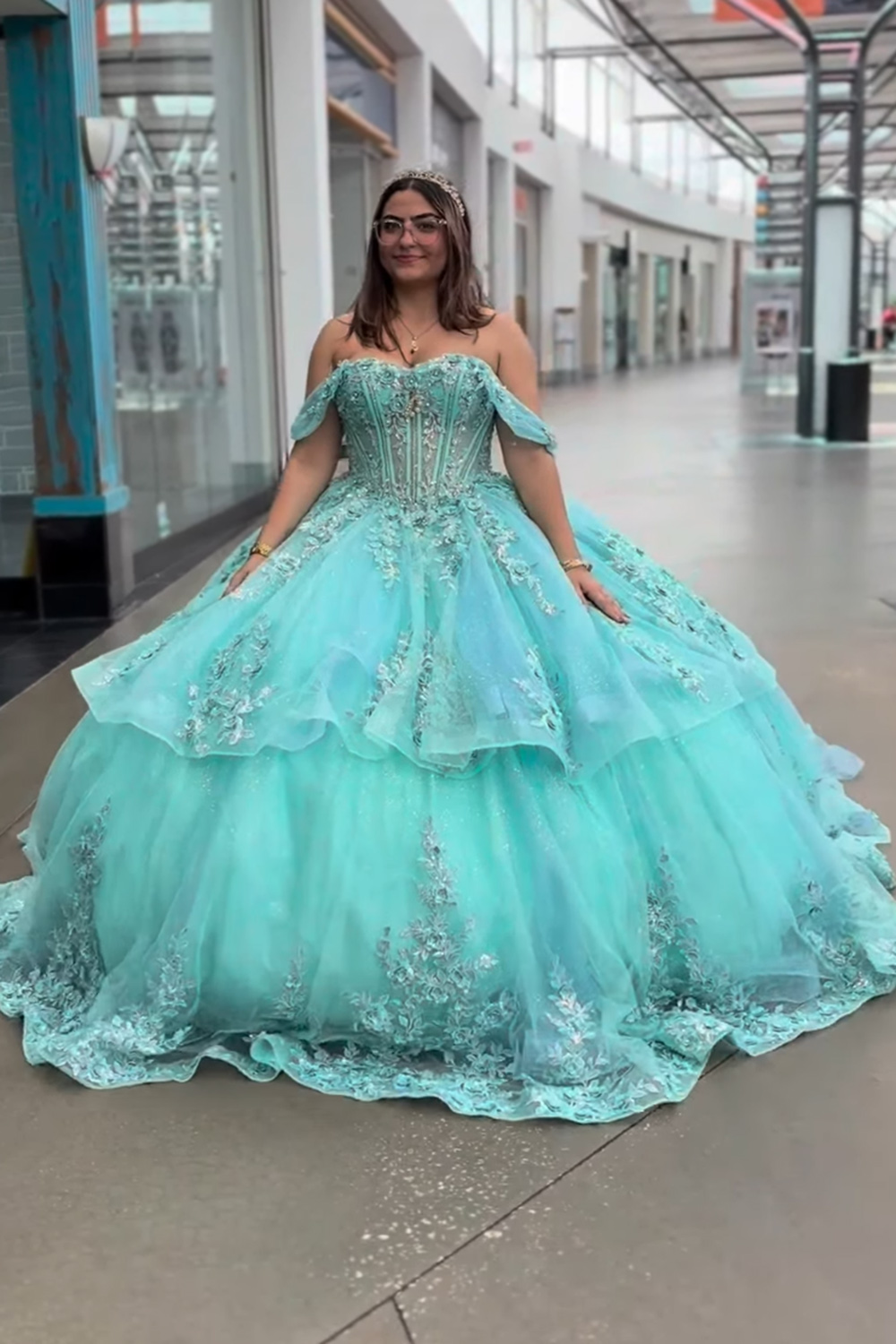 Green Corset Sparkly Floral Glitter Tiered Long Quinceanera Dress