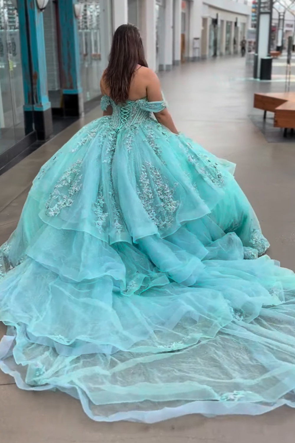 Green Corset Sparkly Floral Glitter Tiered Long Quinceanera Dress