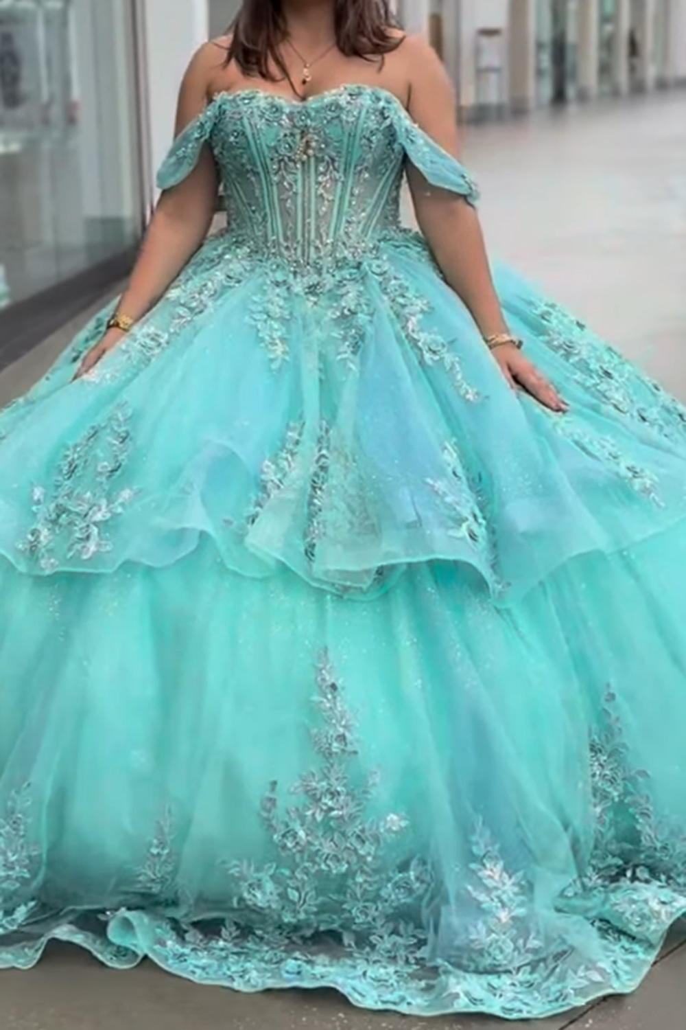 Green Corset Sparkly Floral Glitter Tiered Long Quinceanera Dress