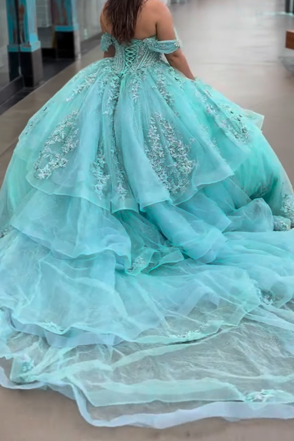 Green Corset Sparkly Floral Glitter Tiered Long Quinceanera Dress