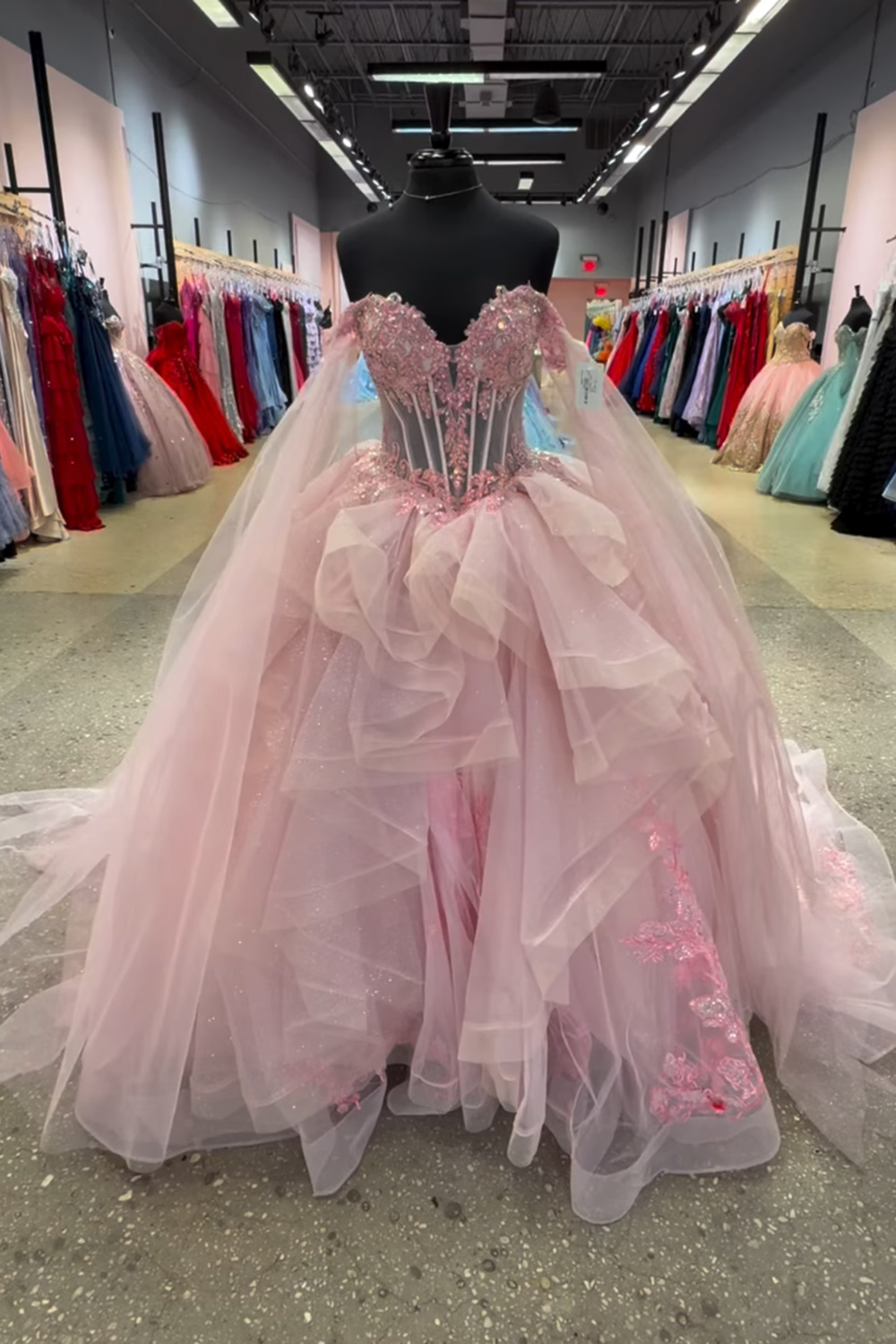 Pink Corset Off the Shoulder Ruffled Long Quinceanera Dress with Appliques