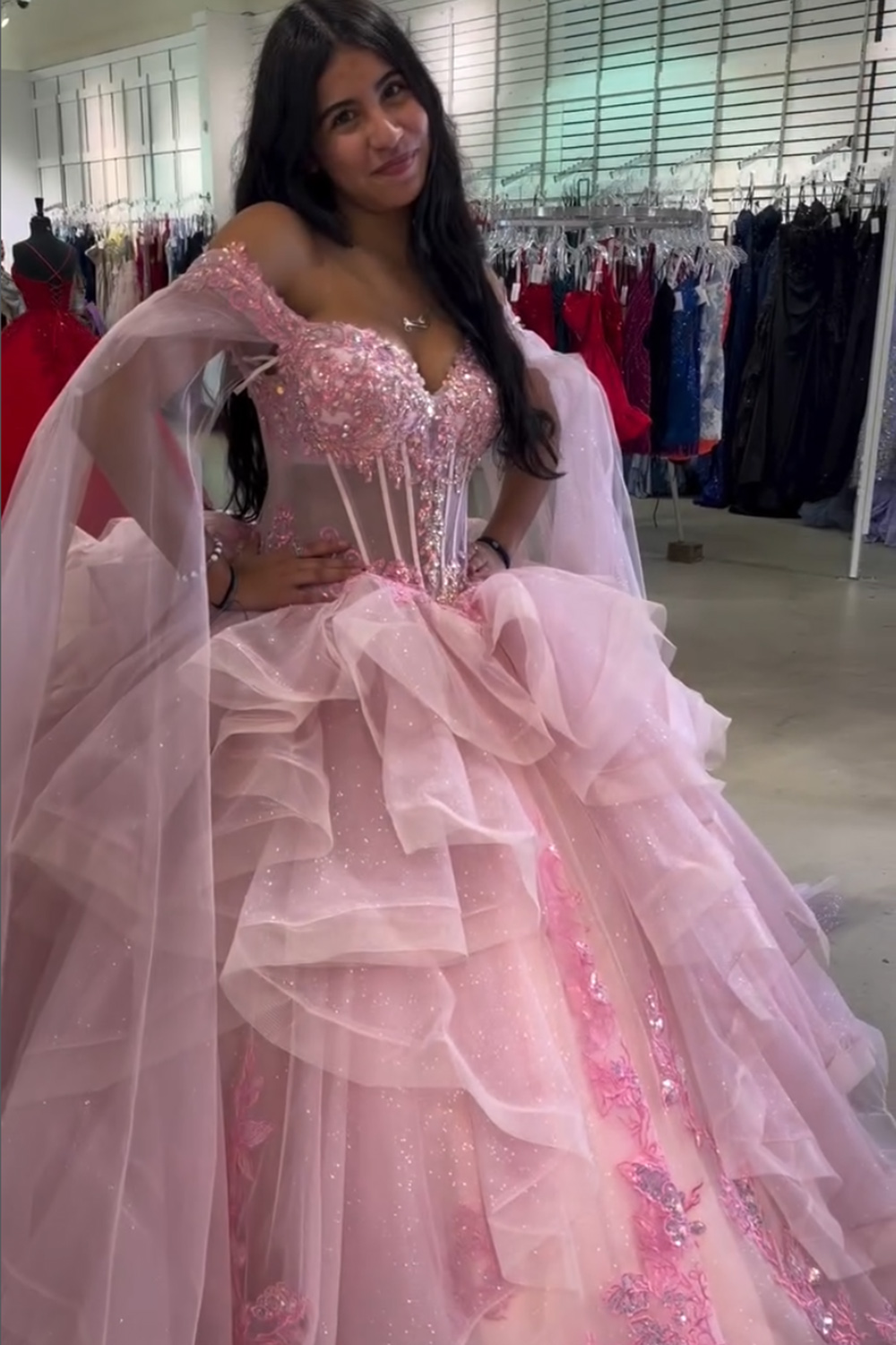Pink Corset Floral Off the Shoulder Tiered Long Quinceanera Dress