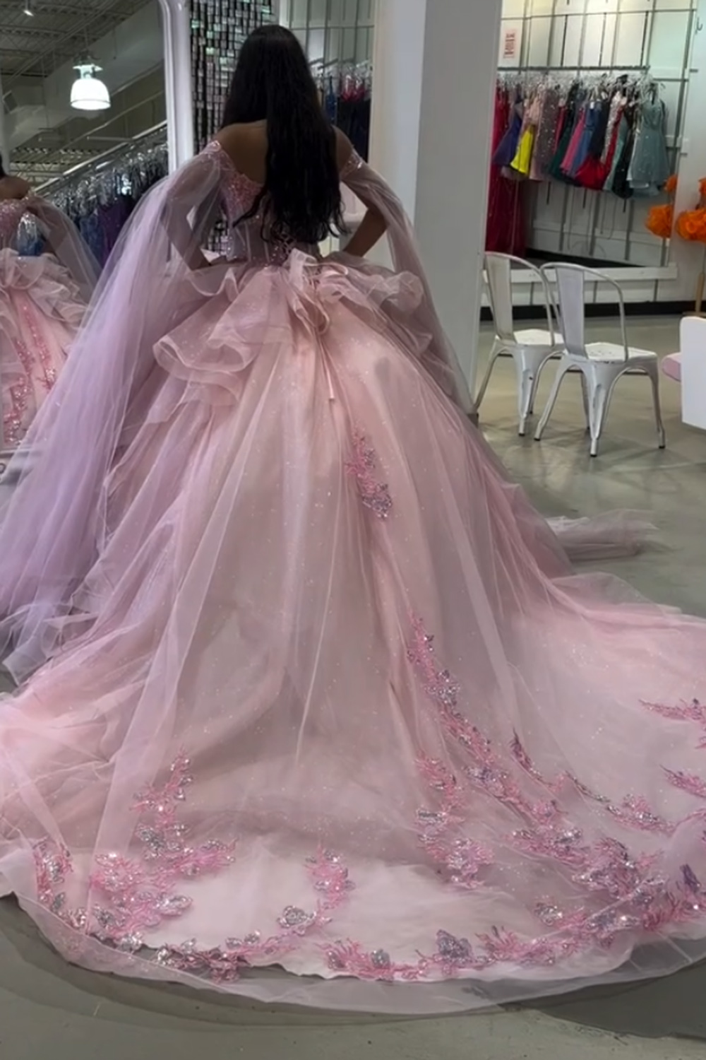 Pink Corset Floral Off the Shoulder Tiered Long Quinceanera Dress