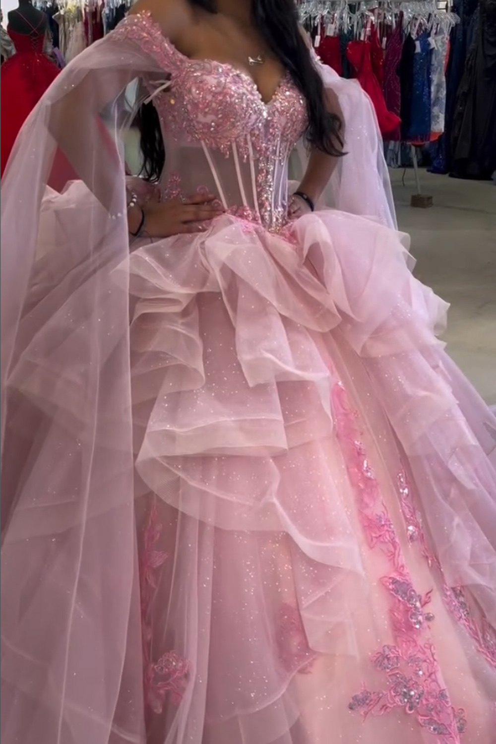 Pink Corset Floral Off the Shoulder Tiered Long Quinceanera Dress