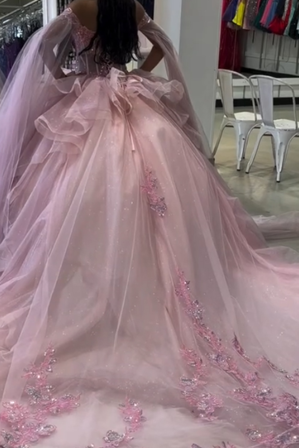 Pink Corset Floral Off the Shoulder Tiered Long Quinceanera Dress
