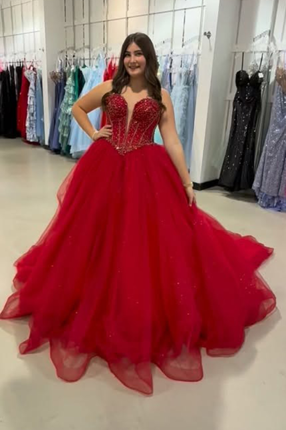 Red Corset Sweetheart Ball Gown Long Quinceanera Dress