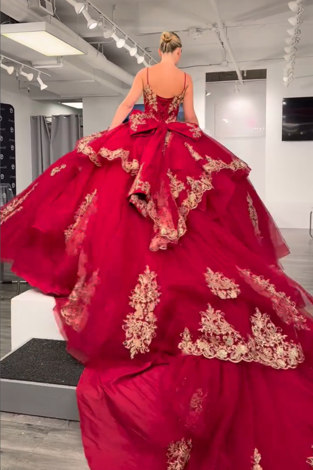 Red Ball Gown Spaghetti Straps Appliqued Long Quinceanera Dress