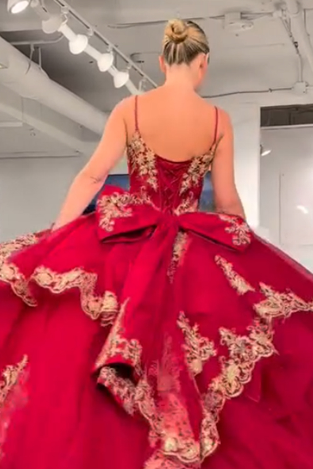 Red Ball Gown Spaghetti Straps Appliqued Long Quinceanera Dress