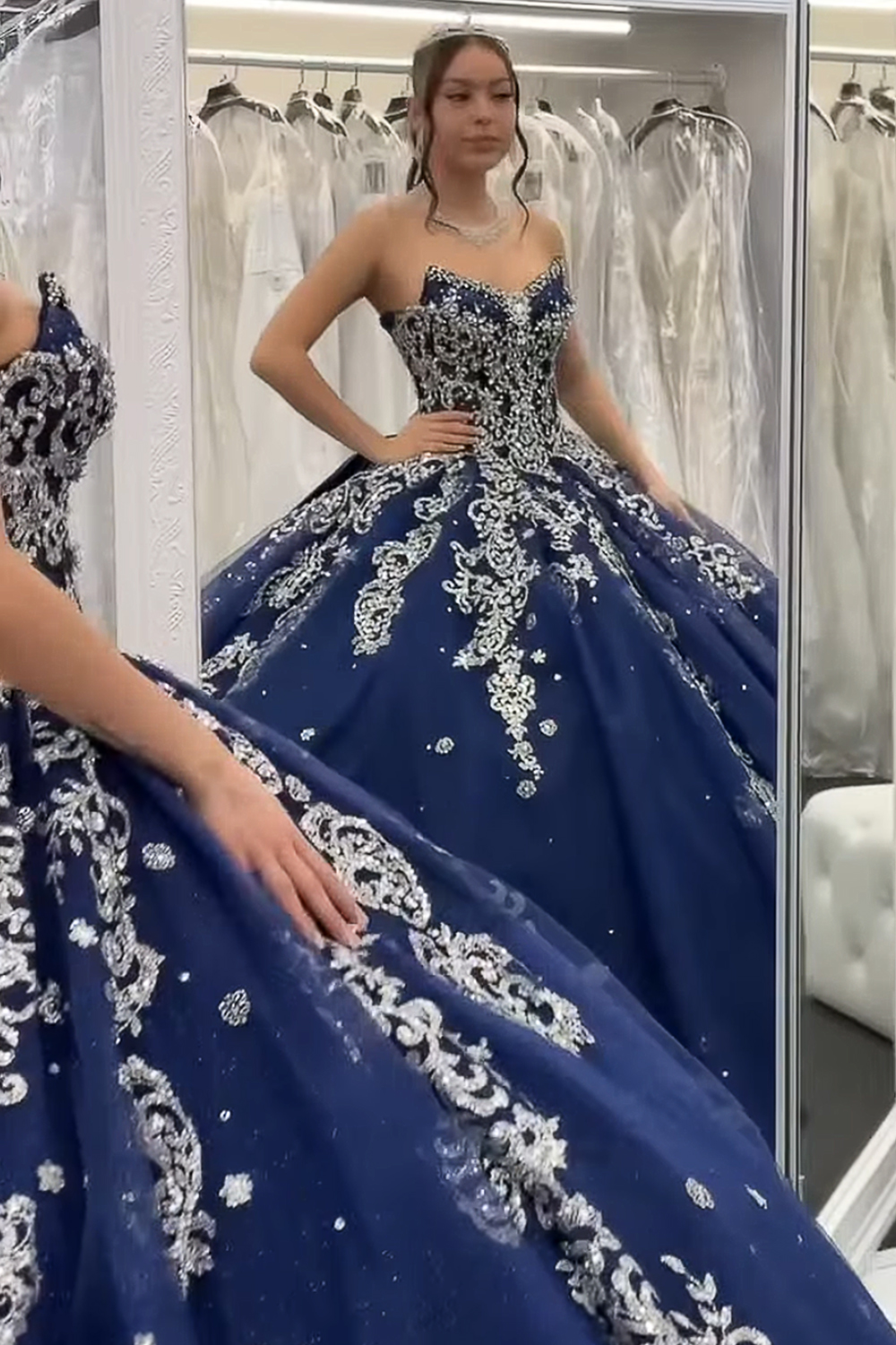 Navy Sparkly Ball Gown Sweetheart Beaded Long Quinceanera Dress