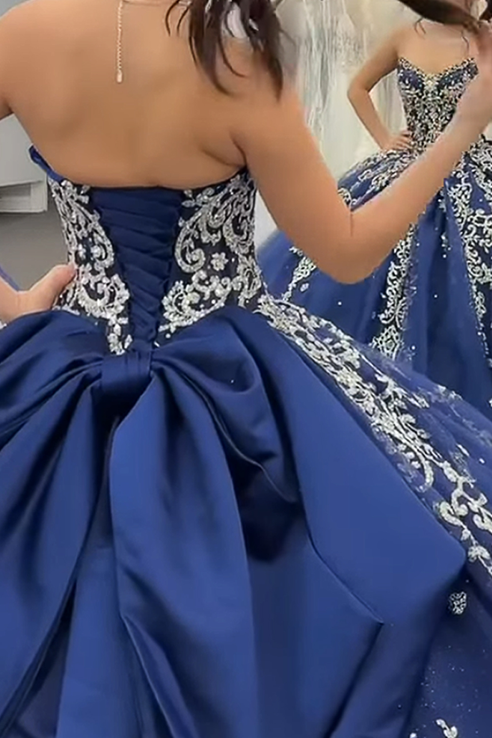 Navy Sparkly Ball Gown Sweetheart Beaded Long Quinceanera Dress