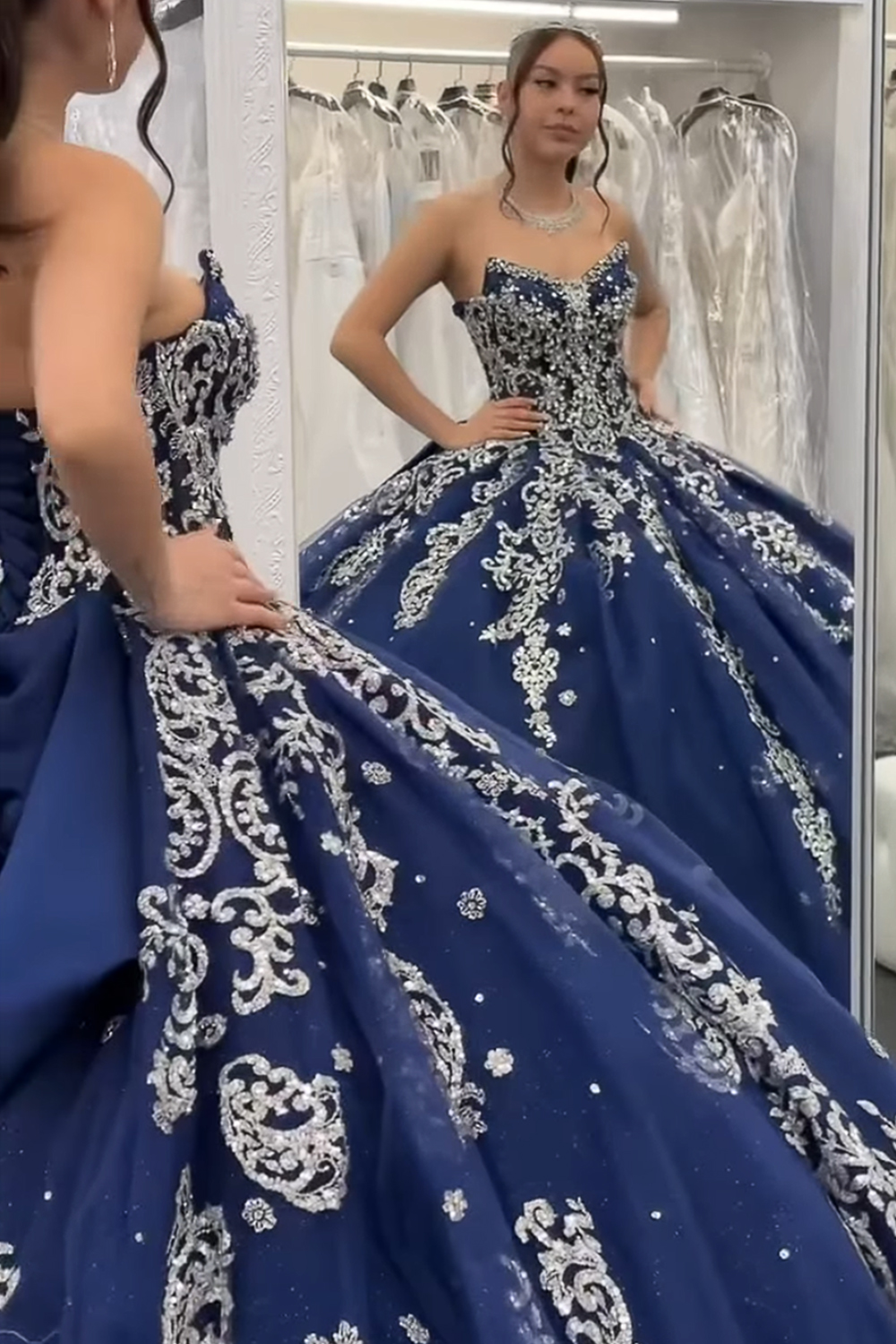 Navy Sparkly Ball Gown Sweetheart Beaded Long Quinceanera Dress