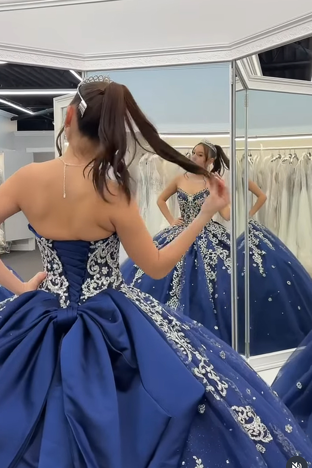 Navy Sparkly Ball Gown Sweetheart Beaded Long Quinceanera Dress
